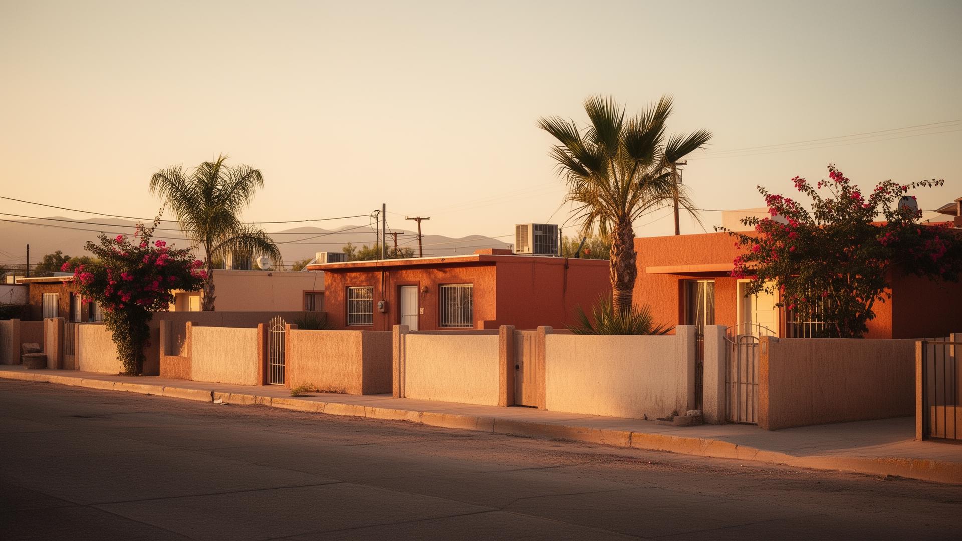 Casas modestas en un vecindario de Sonora al atardecer